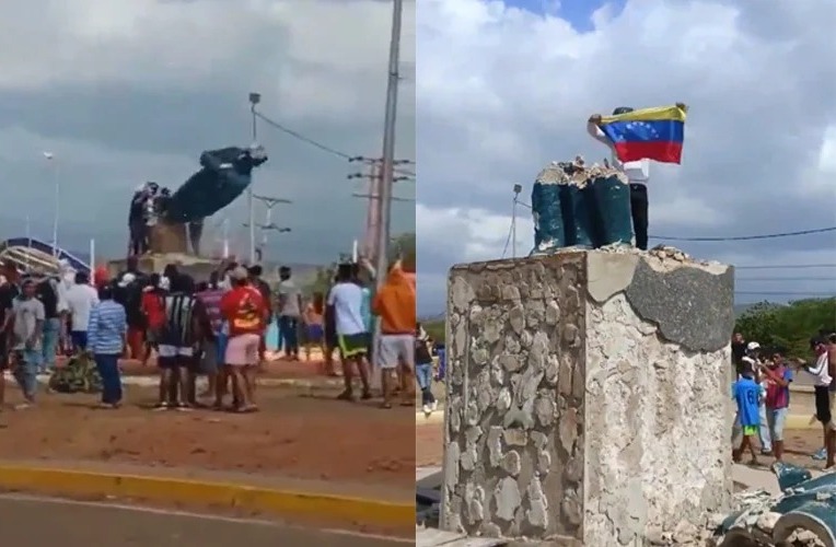 Venezolanos derriban estatuas de Chávez en protestas contra resultado de presidenciales