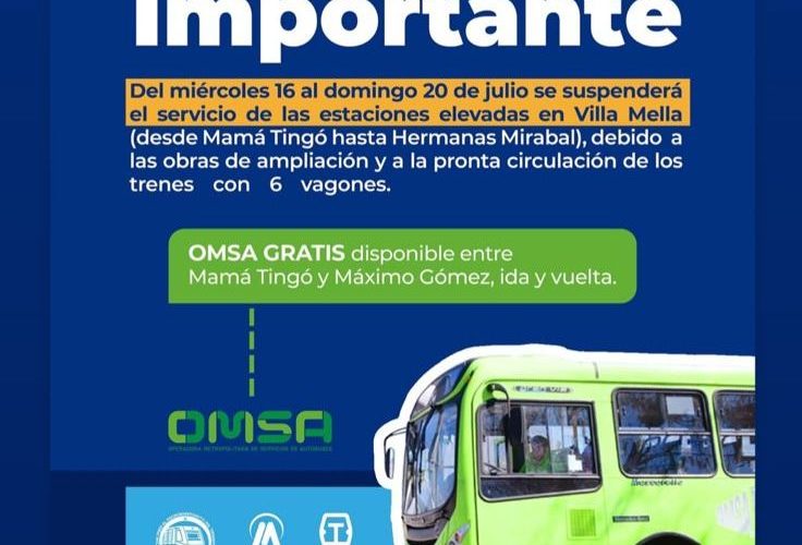 OMSA ofrecerá servicio gratuito en trayecto Mamá Tingó y Hermanas Mirabal tras suspensión de paradas del Metro