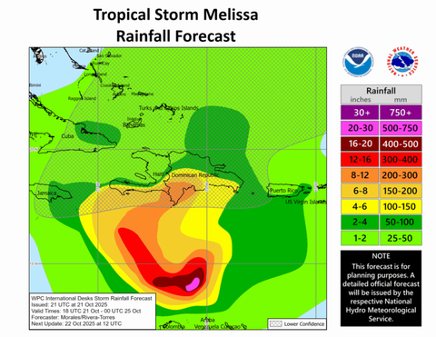 Tormenta tropical Melissa amenaza con fuertes lluvias de 5 a 10 pulgadas