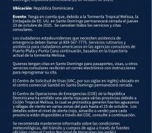 Embajada de EE.UU. en Santo Domingo cierra este jueves por la tormenta Melissa