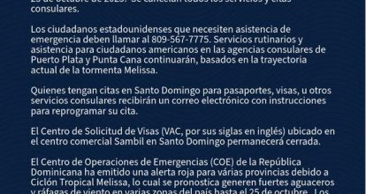 Embajada de EE.UU. en Santo Domingo cierra este jueves por la tormenta Melissa
