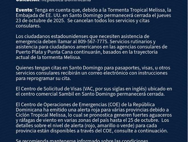 Embajada de EE.UU. en Santo Domingo cierra este jueves por la tormenta Melissa