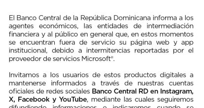 Fallas en servicios de Microsoft obligan al Banco Central a interrumpir su portal web