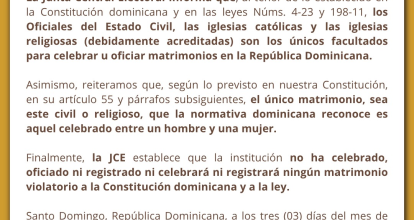 JCE aclara que no reconoce matrimonios entre personas del mismo sexo