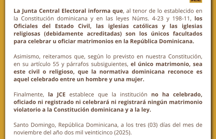 JCE aclara que no reconoce matrimonios entre personas del mismo sexo