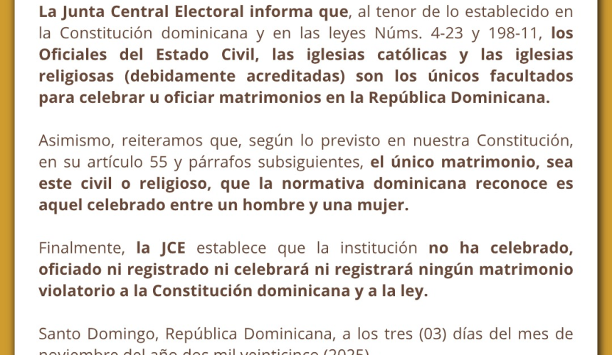 JCE aclara que no reconoce matrimonios entre personas del mismo sexo