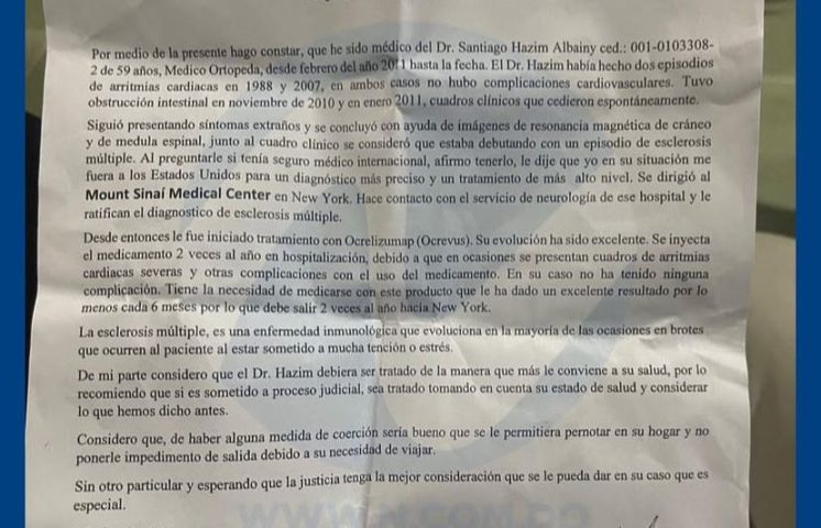 Neurólogo recomienda medidas judiciales especiales para Santiago Hazim debido a su estado de salud