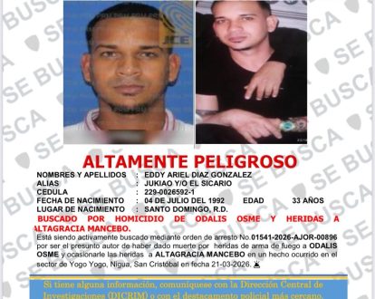 Policía Nacional activa búsqueda de “El Sicario”, acusado de muerte de un hombre y heridas a una mujer en Nigua