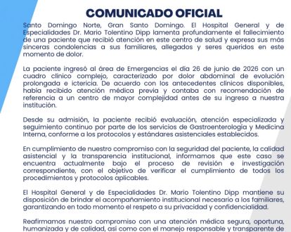 Hospital Mario Tolentino Dipp responde a denuncia por muerte de paciente y abre investigación del caso